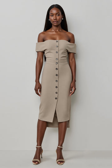 Off The Shoulder Khaki Sheath Midi Work Dress